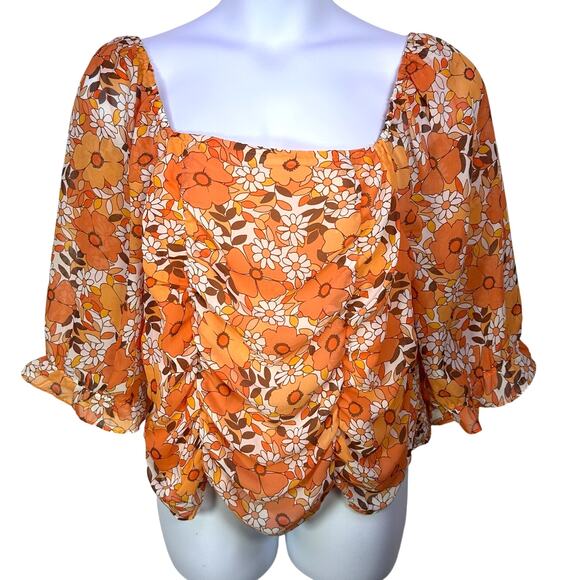 Cato Tops - Cato 18/20 orange floral smocked short sleeve coquette babydoll cottage retro
